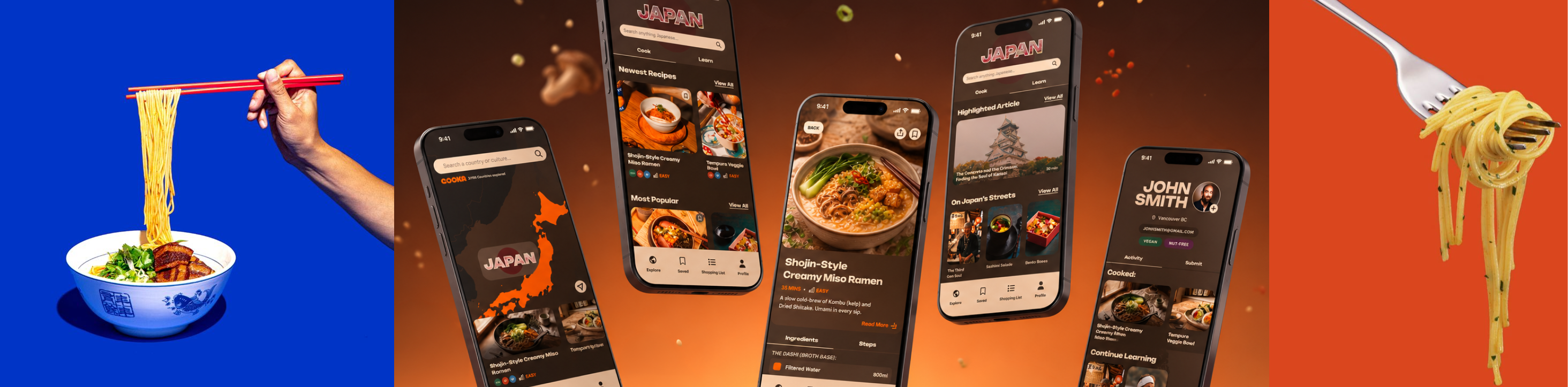 COOKA app screens: country explorer, recipe detail, home feed, learning article, and profile, flanked by a chopsticks-and-ramen photo